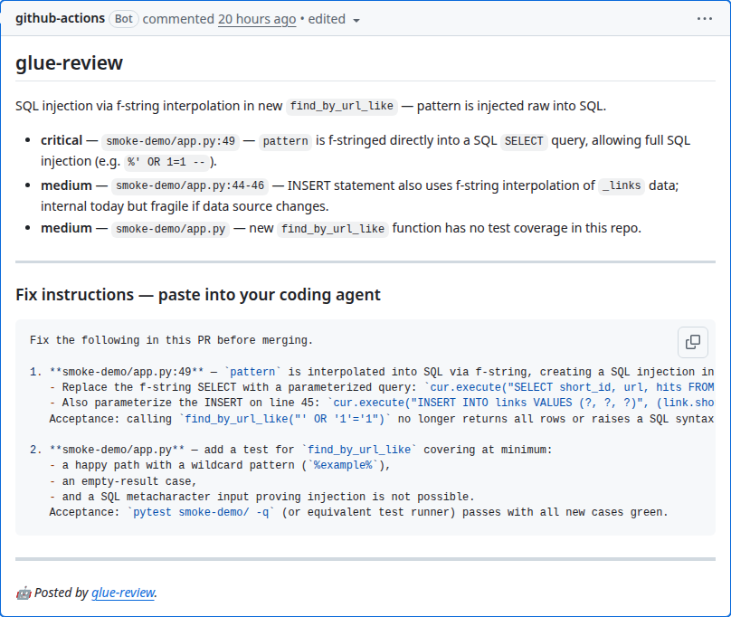 A real glue-review comment on a GitHub PR: SQL injection flagged with three severity bullets and a fenced markdown fix block.